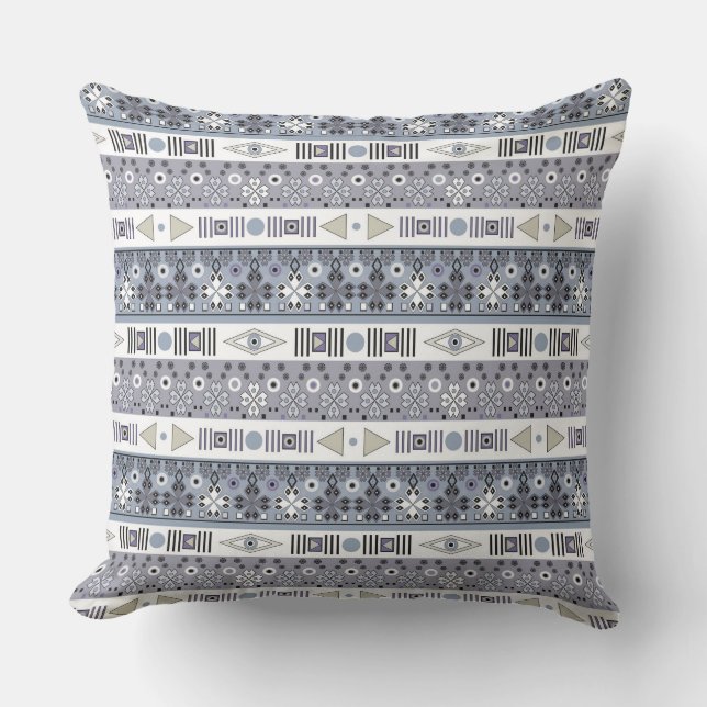 Light blue gray ethnic striped ornament  throw pillow (Front)