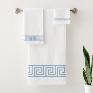 Light Blue Greek Pattern on White Bath Towel Set