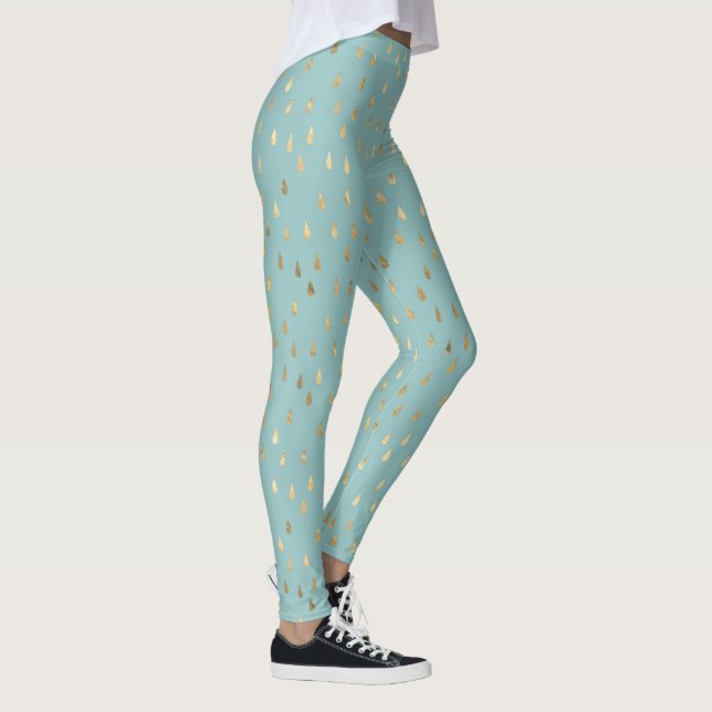 Light Blue Green Gold Raindrop Modern Trendy Yoga Leggings (Right)