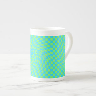 Light Blue & Green Warped Checkerboard Pattern  Bone China Mug
