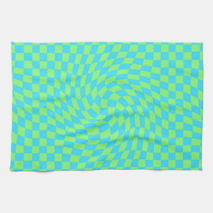 Light Blue & Green Warped Checkerboard Pattern  Kitchen Towel