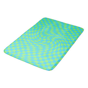 Light Blue & Green Warped Chequerboard Pattern Bath Mat