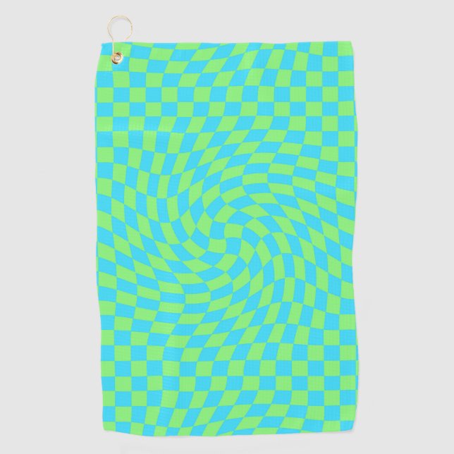 Light Blue & Green Warped Chequerboard Pattern  Golf Towel (Front)