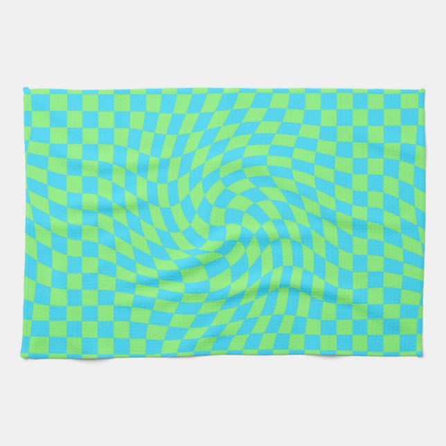 Light Blue & Green Warped Chequerboard Pattern  Kitchen Towel (Horizontal)