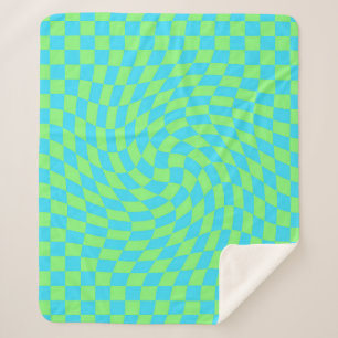 Light Blue & Green Warped Chequerboard Pattern  Sherpa Blanket