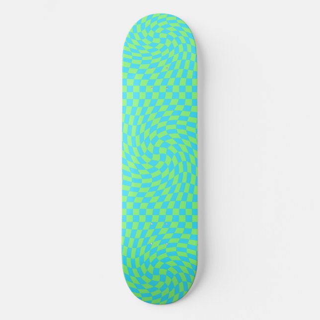 Light Blue & Green Warped Chequerboard Pattern  Skateboard (Front)