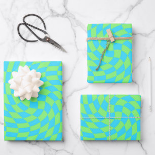 Light Blue & Green Warped Chequerboard Pattern  Wrapping Paper Sheet