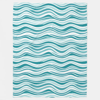 Light Blue / Green Wavy Lines on White Background Fleece Blanket