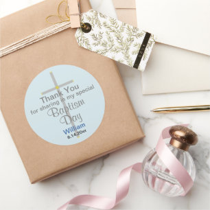Light Blue Grey Baptism Son Thank You  Classic Round Sticker