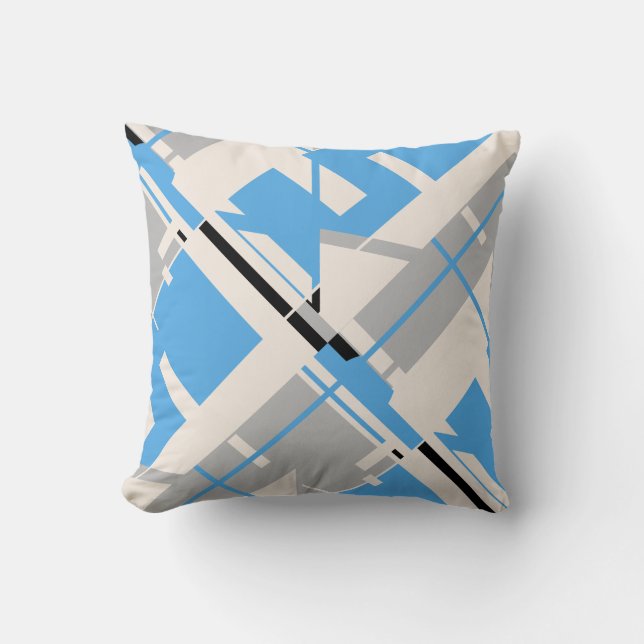 Light Blue Grey Black Beige Diagonal Abstract Throw Pillow (Front)