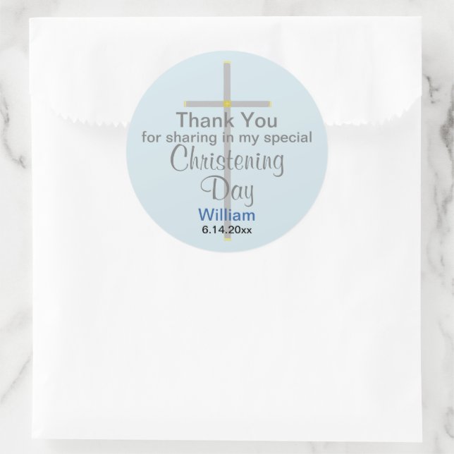 Light Blue Grey Christening Son Thank You Classic Round Sticker (Bag)