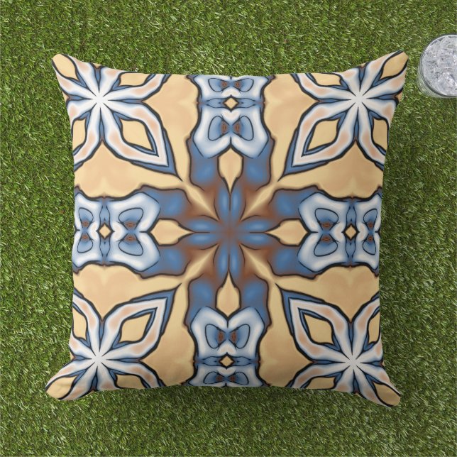 Light Blue Grey Cream Yellow Tan Brown Tribal Art Outdoor Pillow (Grass)