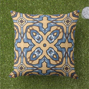 Light Blue Grey Cream Yellow Tan Brown Tribal Art Outdoor Pillow