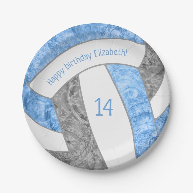light blue grey girly volleyball birthday party paper plate (Front)