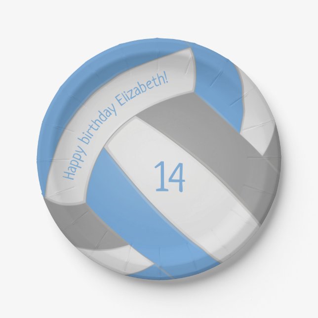 Light blue grey kids volleyball party paper plate (Front)