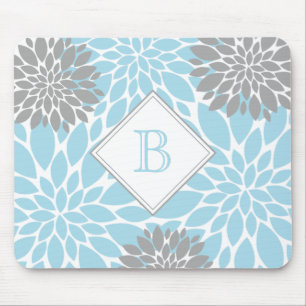 Light Blue Grey Modern Blooms Initial Monogram  Mouse Pad