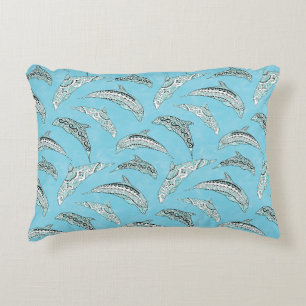 Light Blue Hawaiian Tribal Dolphins Accent Pillow