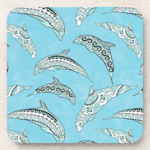 Light Blue Hawaiian Tribal Dolphins Coaster