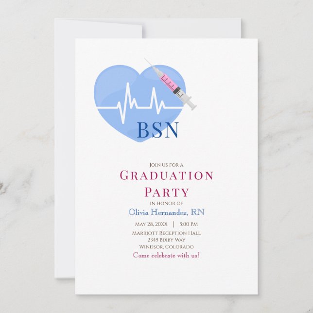 Light Blue Heart, Heartbeat and Syringe Nursing Invitation (Front)