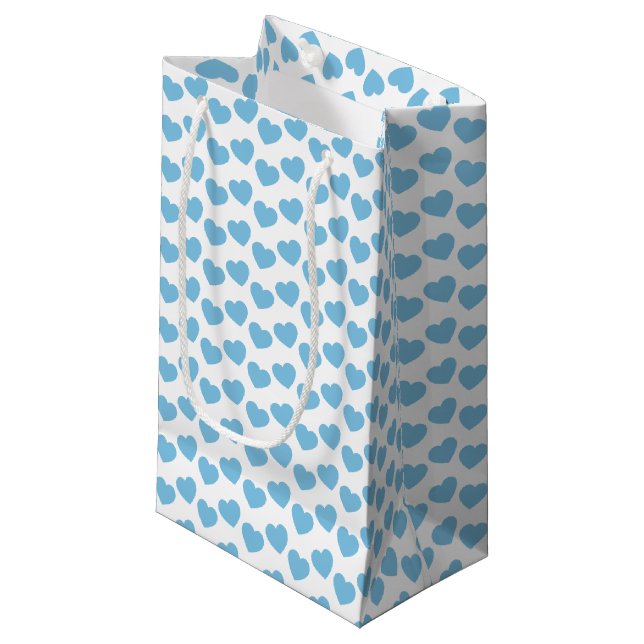 Light Blue Heart Pattern on White Small Gift Bag (Front Angled)