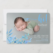 Light blue "Hi" with leaves birth Announcement