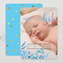 Light blue "Hi" with leaves birth Announcement