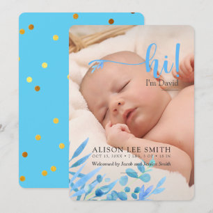 Light blue "Hi" with leaves birth Announcement