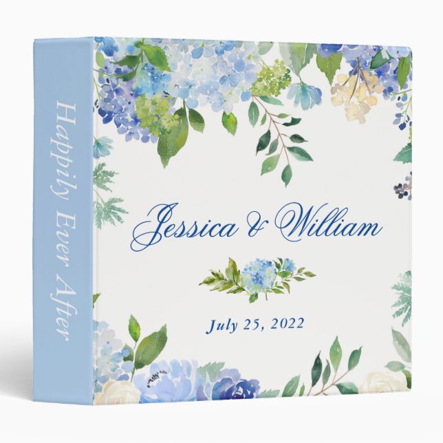 Light Blue Hydrangea Floral Custom Wedding Binder (Front/Spine)