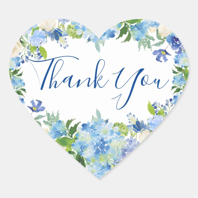 Light Blue Hydrangea & Greenery Watercolor Wedding Heart Sticker (Front)