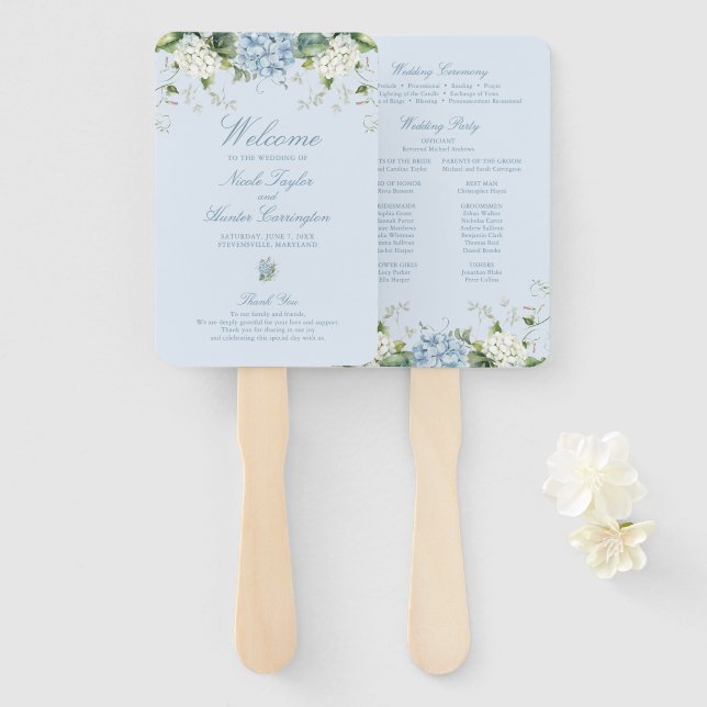 Light Blue Hydrangea Wedding Ceremony Program Hand Fan (Front and Back)