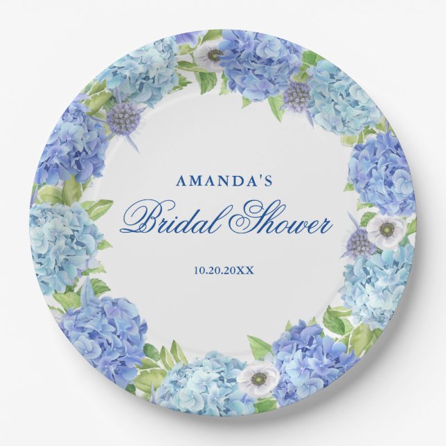 Light Blue Hydrangeas Floral Bridal Shower Party Paper Plate (Front)