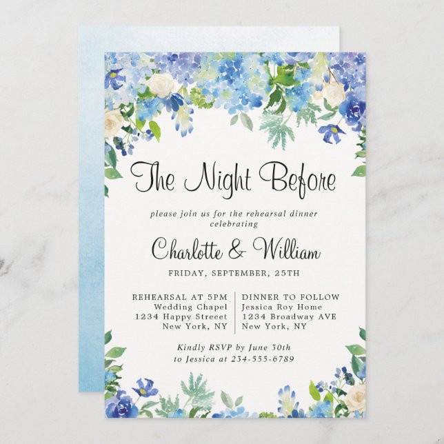 Light Blue Hydrangeas Floral Chic Rehearsal Dinner Invitation (Front/Back)