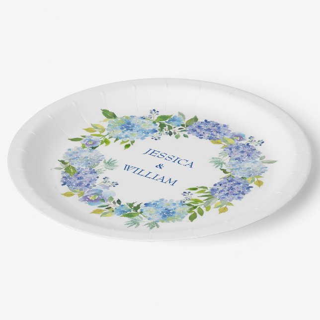 Light Blue Hydrangeas Floral Wedding Party Paper Plate (Angled)