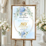 Light Blue Hydrangeas Gold 80th birthday welcome Poster<br><div class="desc">✅ For matching items search 39-80 in my collections ✅
Celebrate 80 wonderful years with this watercolor hydrangea welcome sign. Dusty blue and gold florals create a soft,  elegant greeting perfect for an 80th birthday party. Boho eucalyptus accents and pastel hues bring timeless beauty to your celebration.</div>
