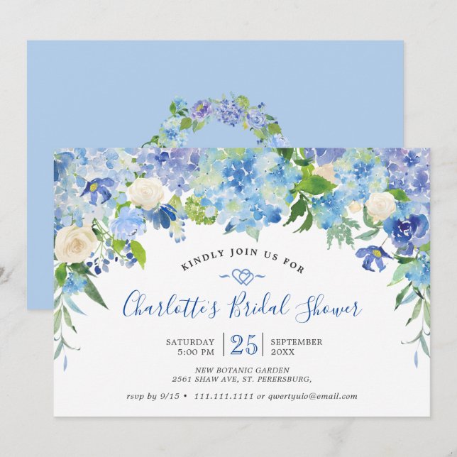Light Blue Hydrangeas  Greenery Bridal Shower Invitation (Front/Back)