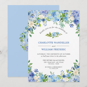 Light Blue Hydrangeas Greenery Watercolor Wedding Invitation