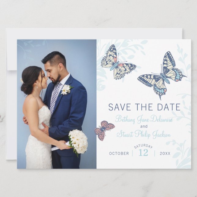 Light blue inked art butterfly save the date invit invitation (Front)