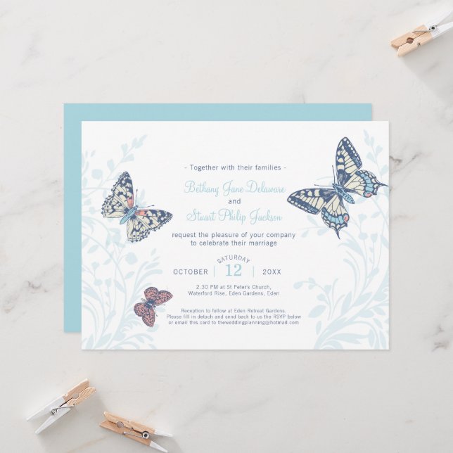 Light blue inked art butterfly wedding invitation (Front/Back In Situ)