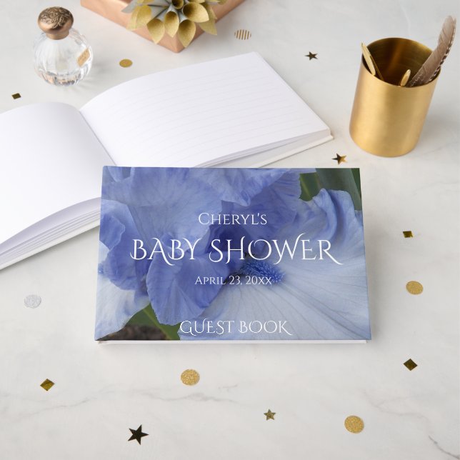 Light Blue Iris Bloom Boy Baby Shower Guest Book (Front Open)