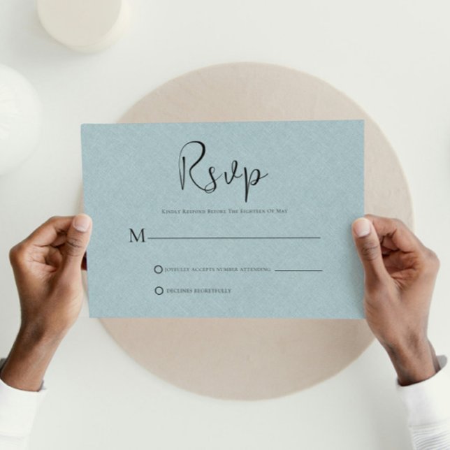 Light Blue Linen Simple Black Script RSVP Card (Creator Uploaded)