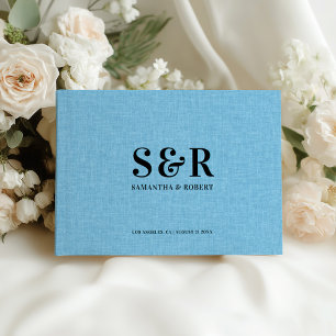 Light Blue Linen Wedding Monogram Guest Book
