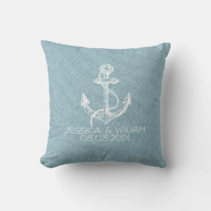 Light Blue Linen & White Boat Anchor Throw Pillow