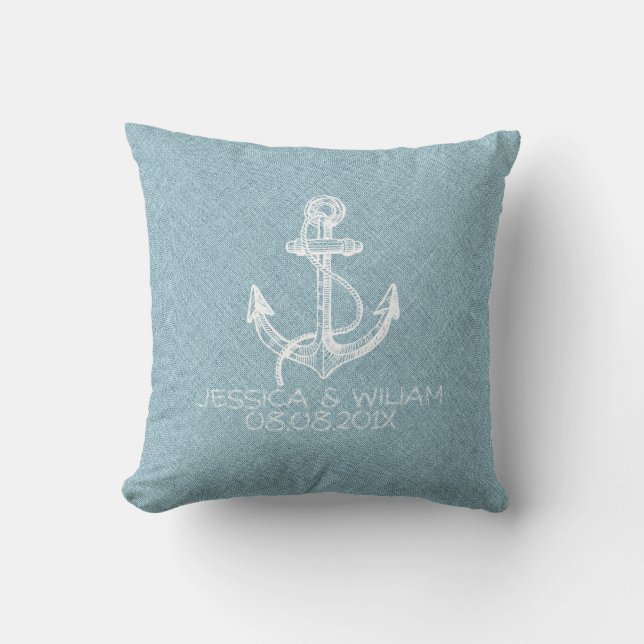 Light Blue Linen & White Boat Anchor Throw Pillow (Front)