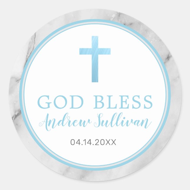 Light Blue Marble Baptism Favour Classic Round Sticker (Front)