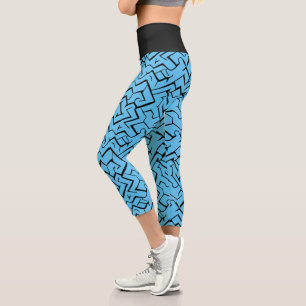 Light Blue Meander Pattern Modern Maze Capri Leggings