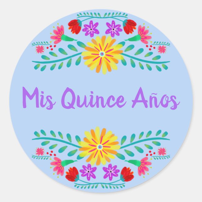 Light Blue Mis Quince Anos Mexican Fiesta Floral Classic Round Sticker (Front)