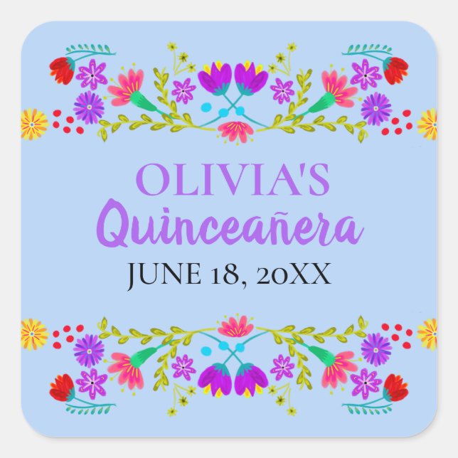 Light Blue Mis Quince Anos Mexican Fiesta Flowers Square Sticker (Front)