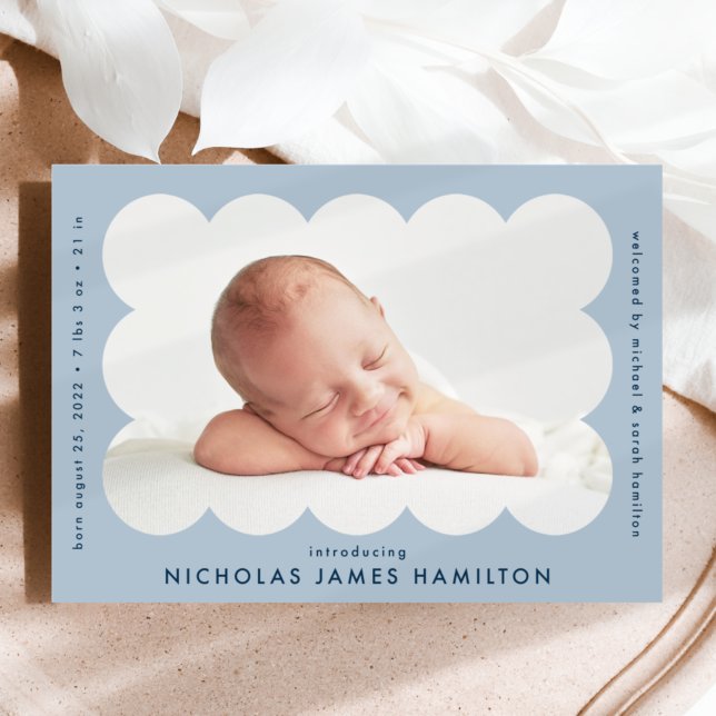 Light Blue Modern Scalloped Photo Frame Birth Announcement (Creator Uploaded)