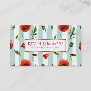 Light Blue Modern Stripes & Red Poppies pattern Business Card