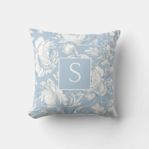 Light Blue Monogram Floral Chinoiserie Throw Pillow